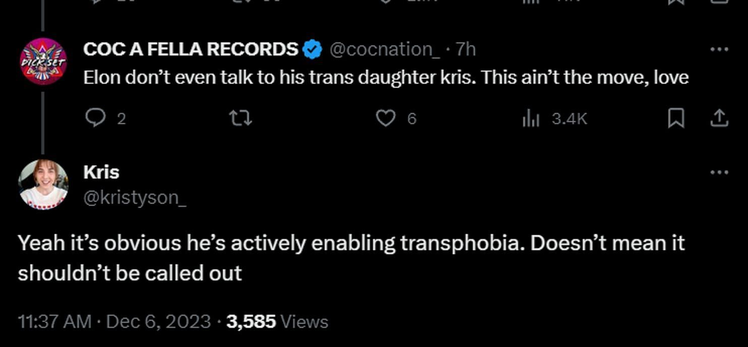 Kris calls out Elon Musk for supposedly making grounds for transphobia (Image via X/@Kristyson_)